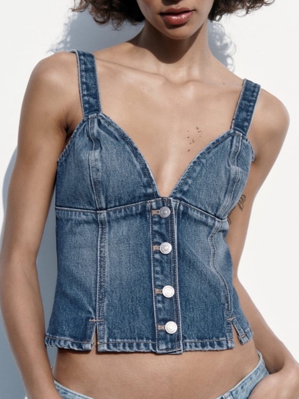 Zara Blue Denim Button-Front Bustier Top